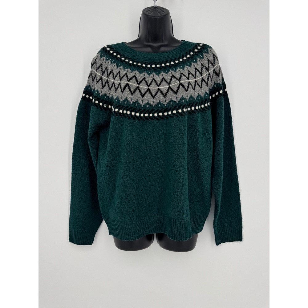 Weatherproof Vintage Womens Fair Isle Yoke Knit Sweater Green Grey Size M